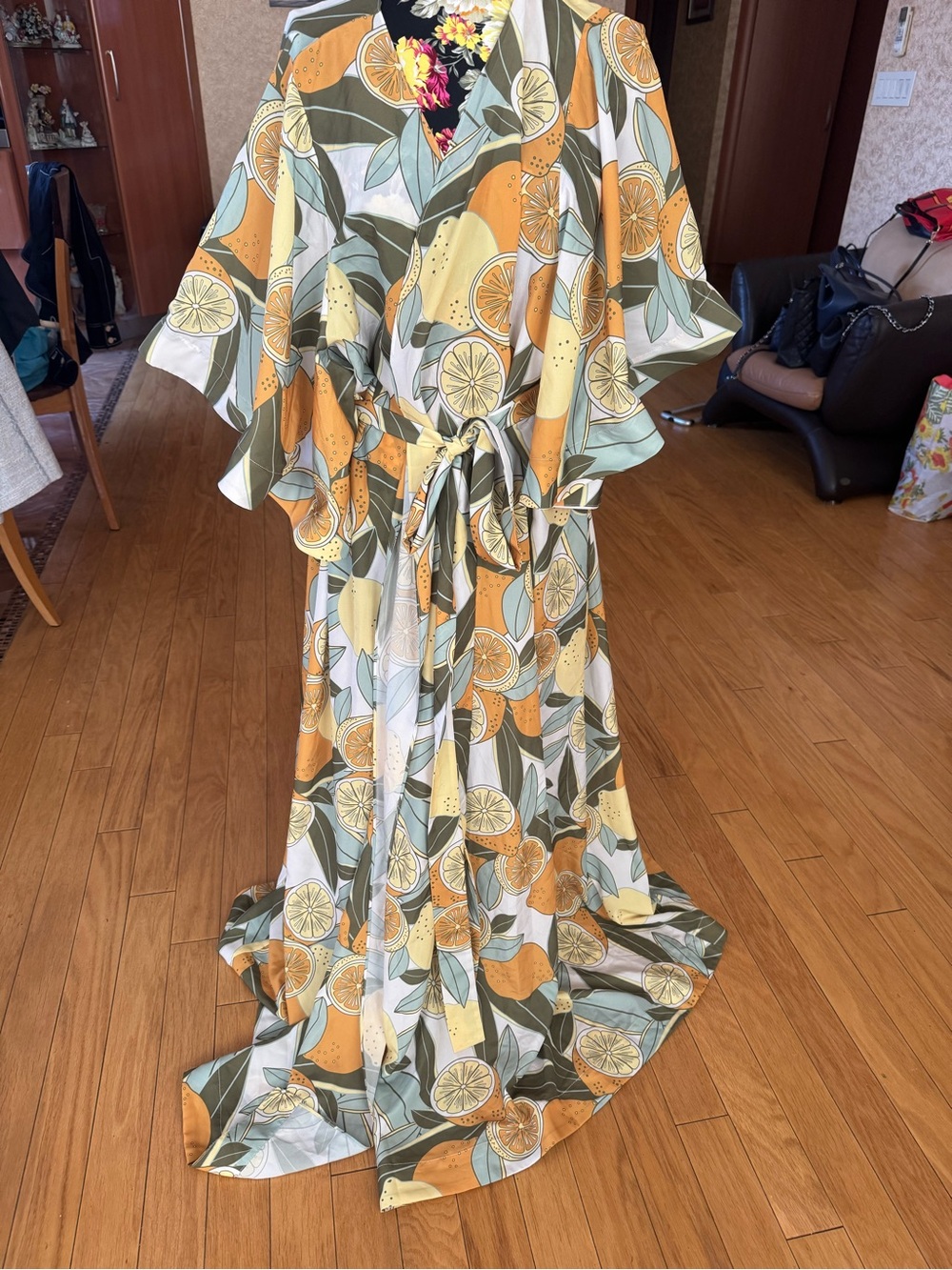 Andrea Iyamah Citrus-Print Kimono Maxi Dress — Yellow, Green, Orange - Picture 2 of 6